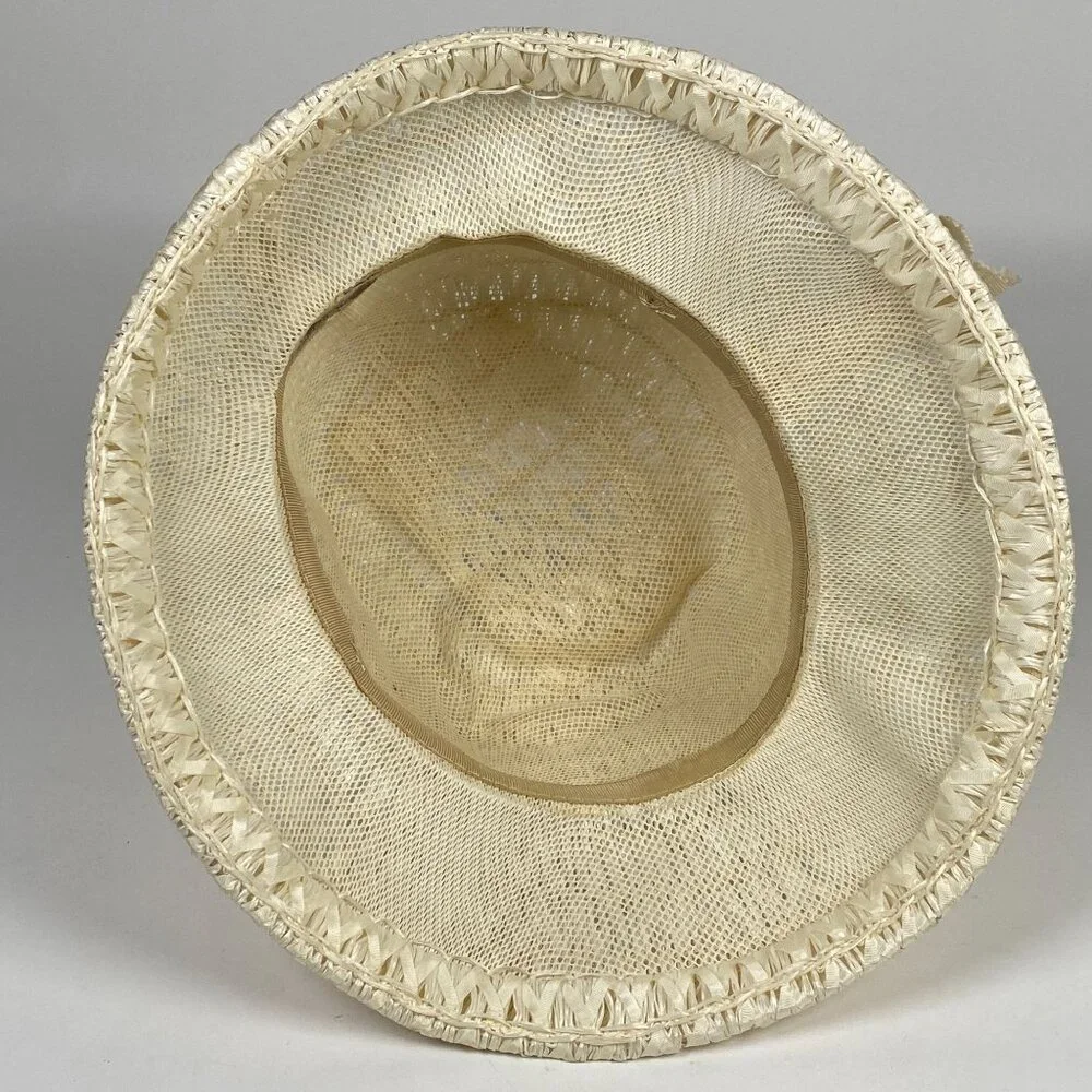 Vintage Wide Brim Straw Hat Ivory with Ribbon Bow Accent Union Made in USA